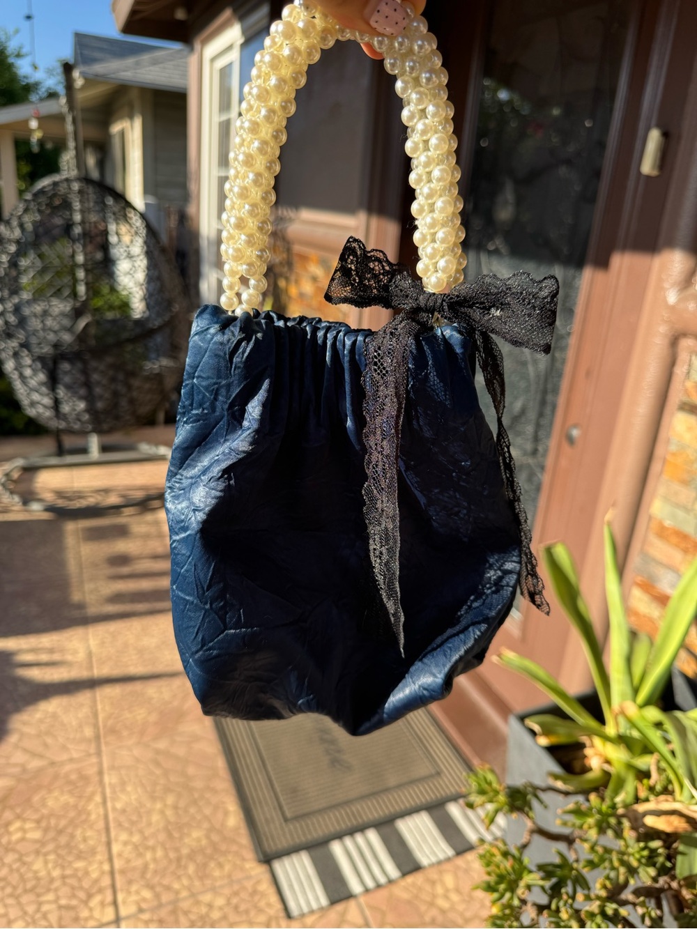 Pearl Handle Navy Evening Bag with Lace Bow